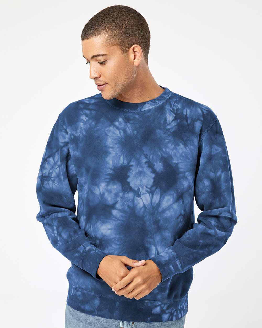 Independent Trading Company 9oz. Unisex Midweight Tie Dye Crew in Navy — front view (2)