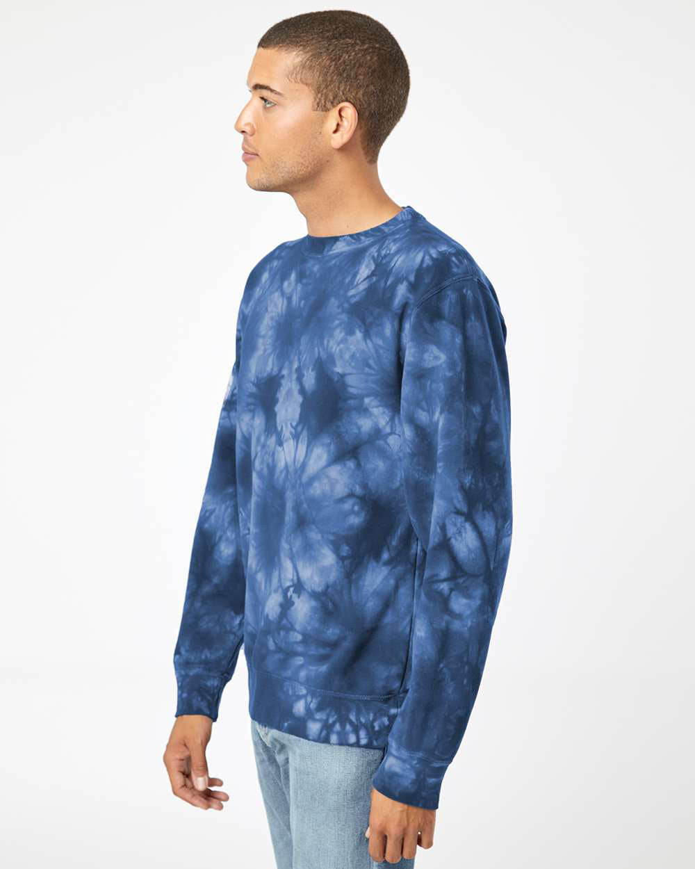 Independent Trading Company 9oz. Unisex Midweight Tie Dye Crew in Navy — side view