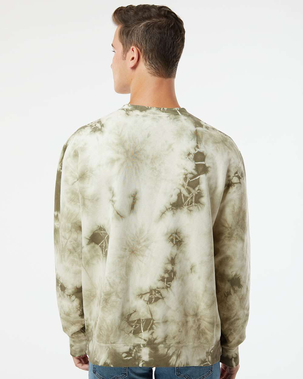 Independent Trading Company 9oz. Unisex Midweight Tie Dye Crew in Olive — back view (2)