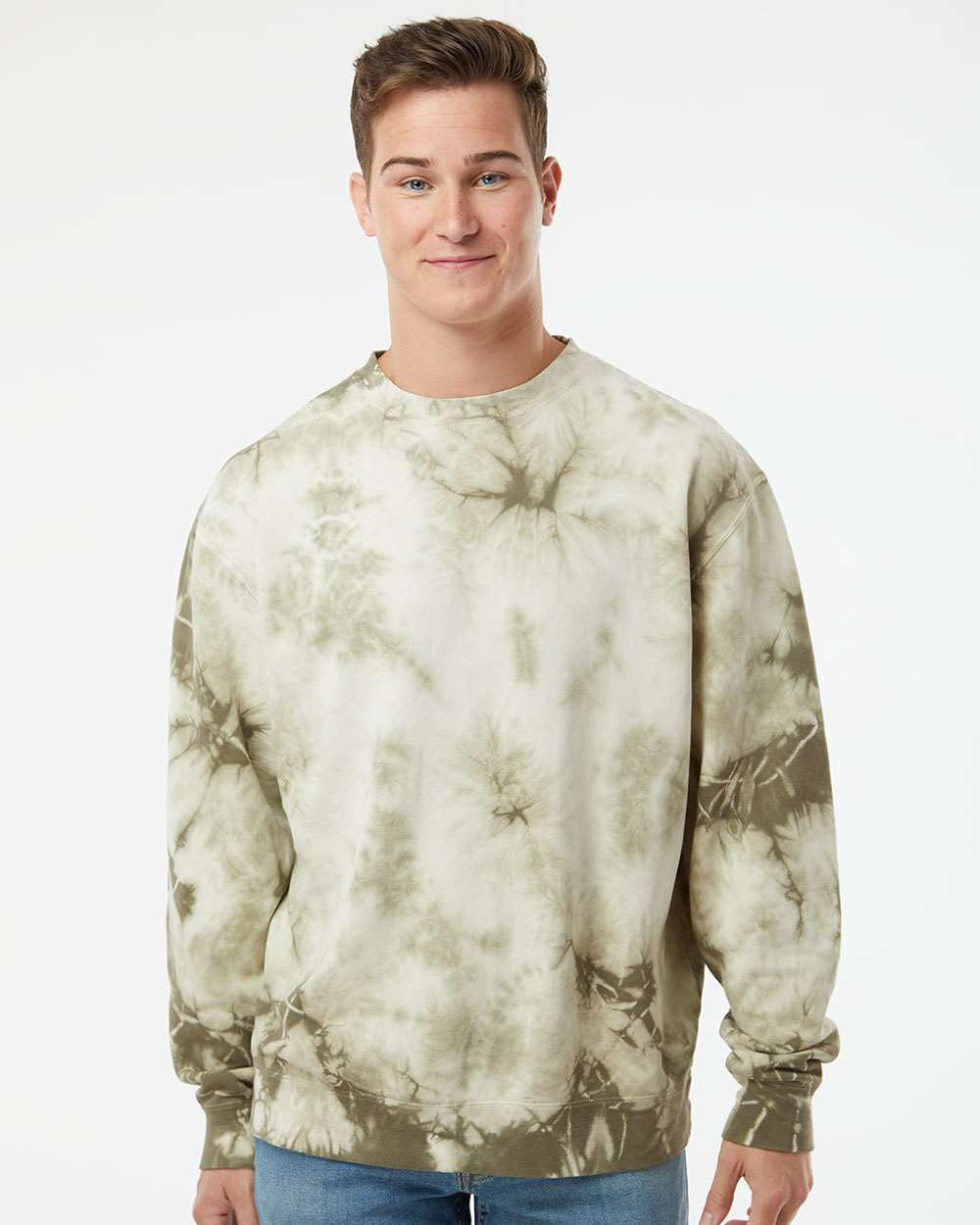 Independent Trading Company 9oz. Unisex Midweight Tie Dye Crew in Olive — front view (2)