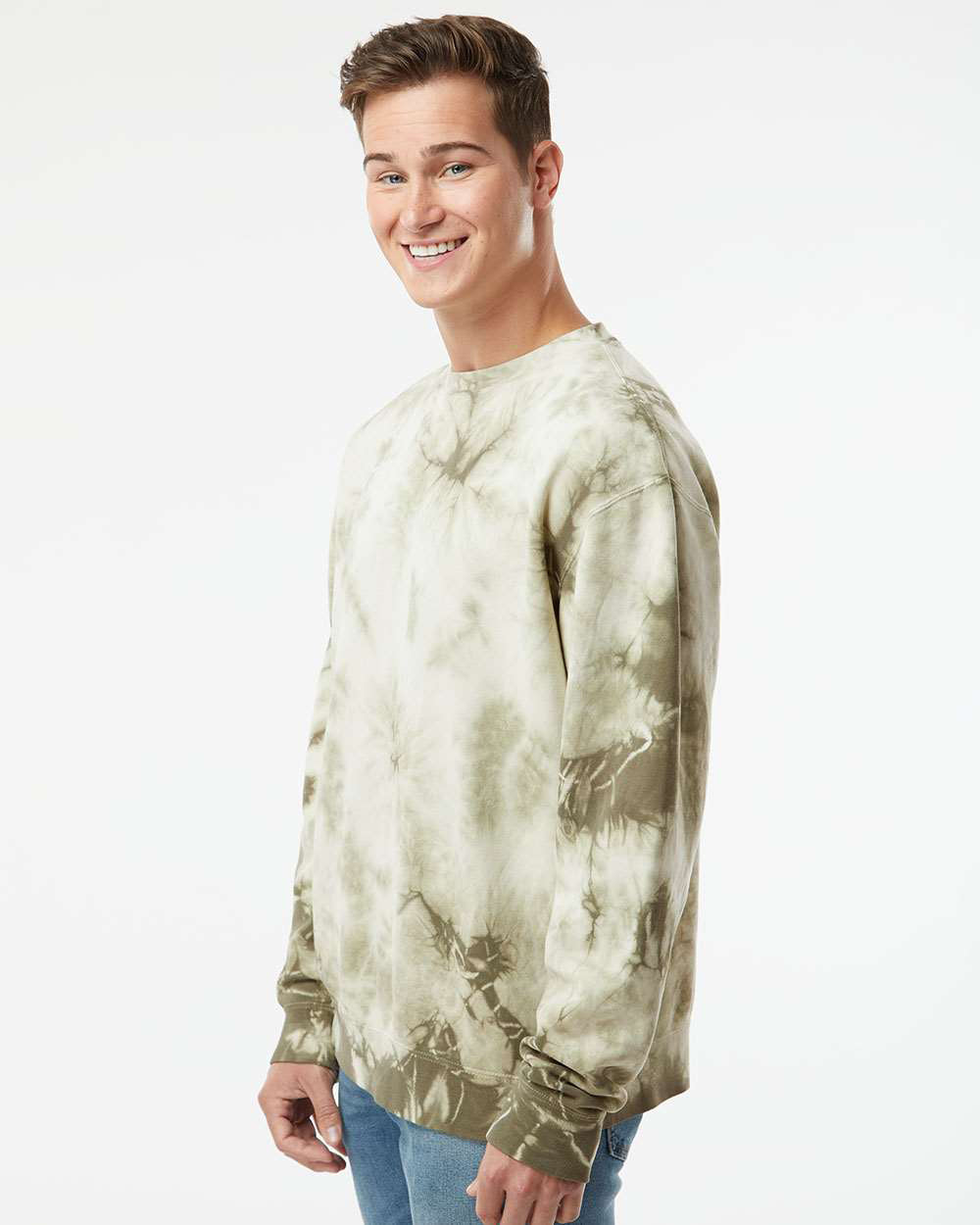 Independent Trading Company 9oz. Unisex Midweight Tie Dye Crew in Olive — side view (2)