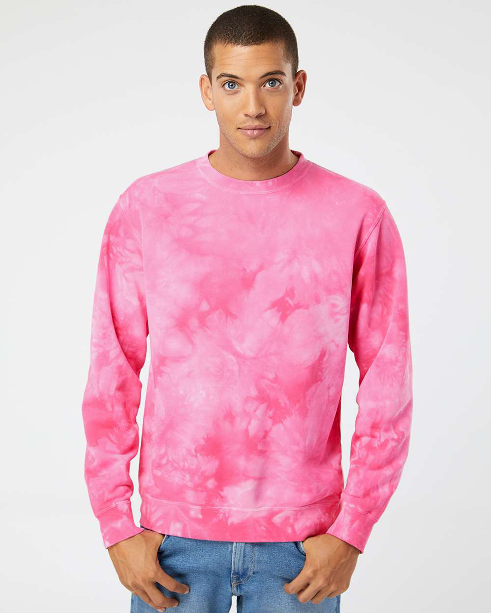 Independent Trading Company 9oz. Unisex Midweight Tie Dye Crew in Pink — front view (2)
