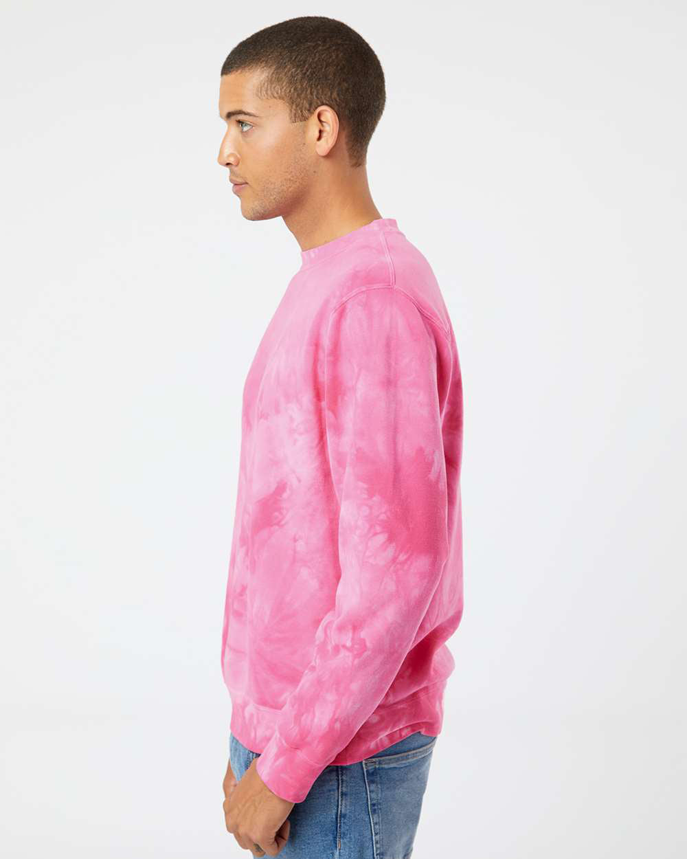 Independent Trading Company 9oz. Unisex Midweight Tie Dye Crew in Pink — side view (2)