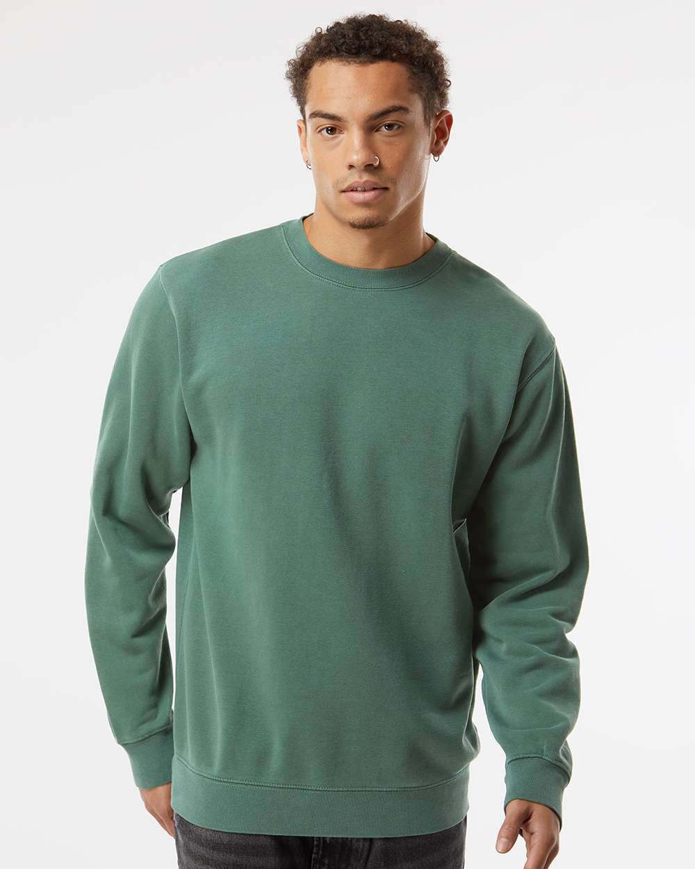 Independent Trading Company 9oz. Unisex Midweight Pigment Dye Crew in Green — front view (2)