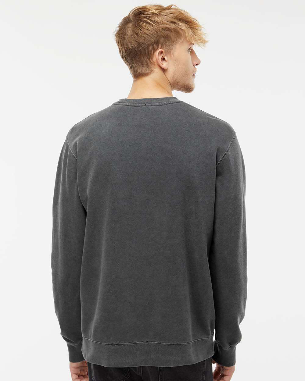 Independent Trading Company 9oz. Unisex Midweight Pigment Dye Crew in Black — back view (2)