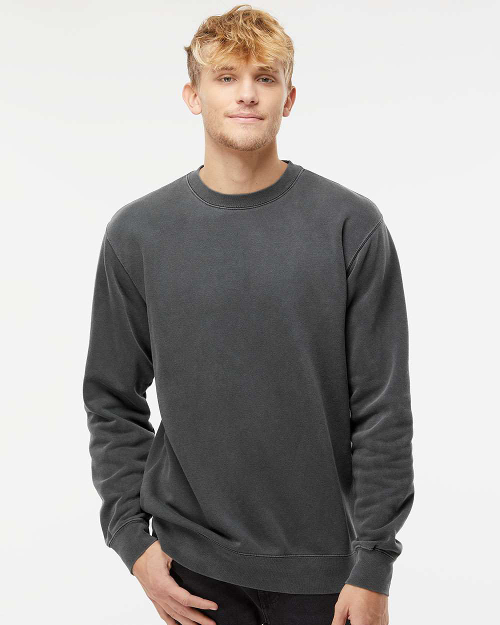 Independent Trading Company 9oz. Unisex Midweight Pigment Dye Crew in Black — front view (2)