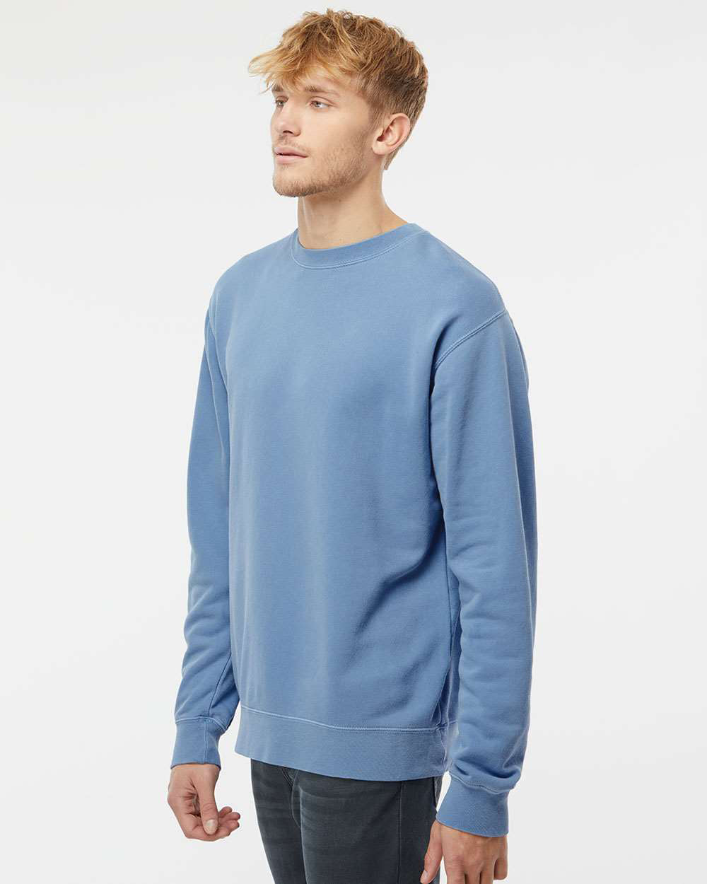 Independent Trading Company 9oz. Unisex Midweight Pigment Dye Crew in Blue — side view (2)