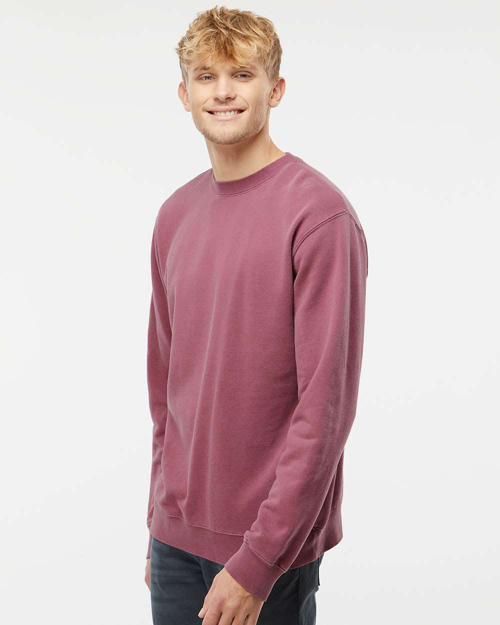 Independent Trading Company 9oz. Unisex Midweight Pigment Dye Crew in Maroon — side view (2)