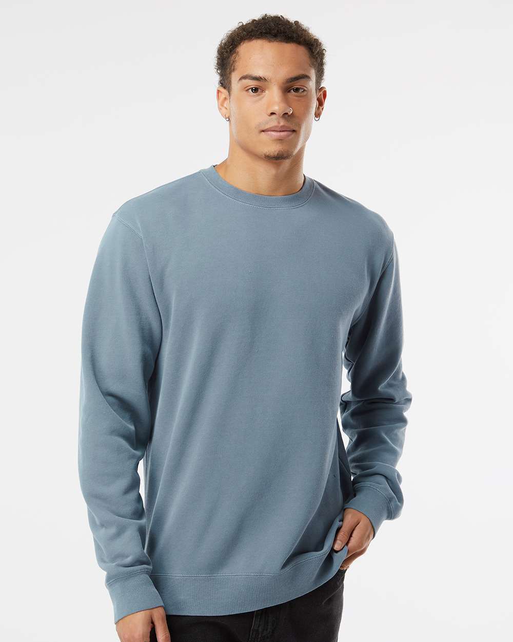 Independent Trading Company 9oz. Unisex Midweight Pigment Dye Crew in Slate Blue — front view (2)