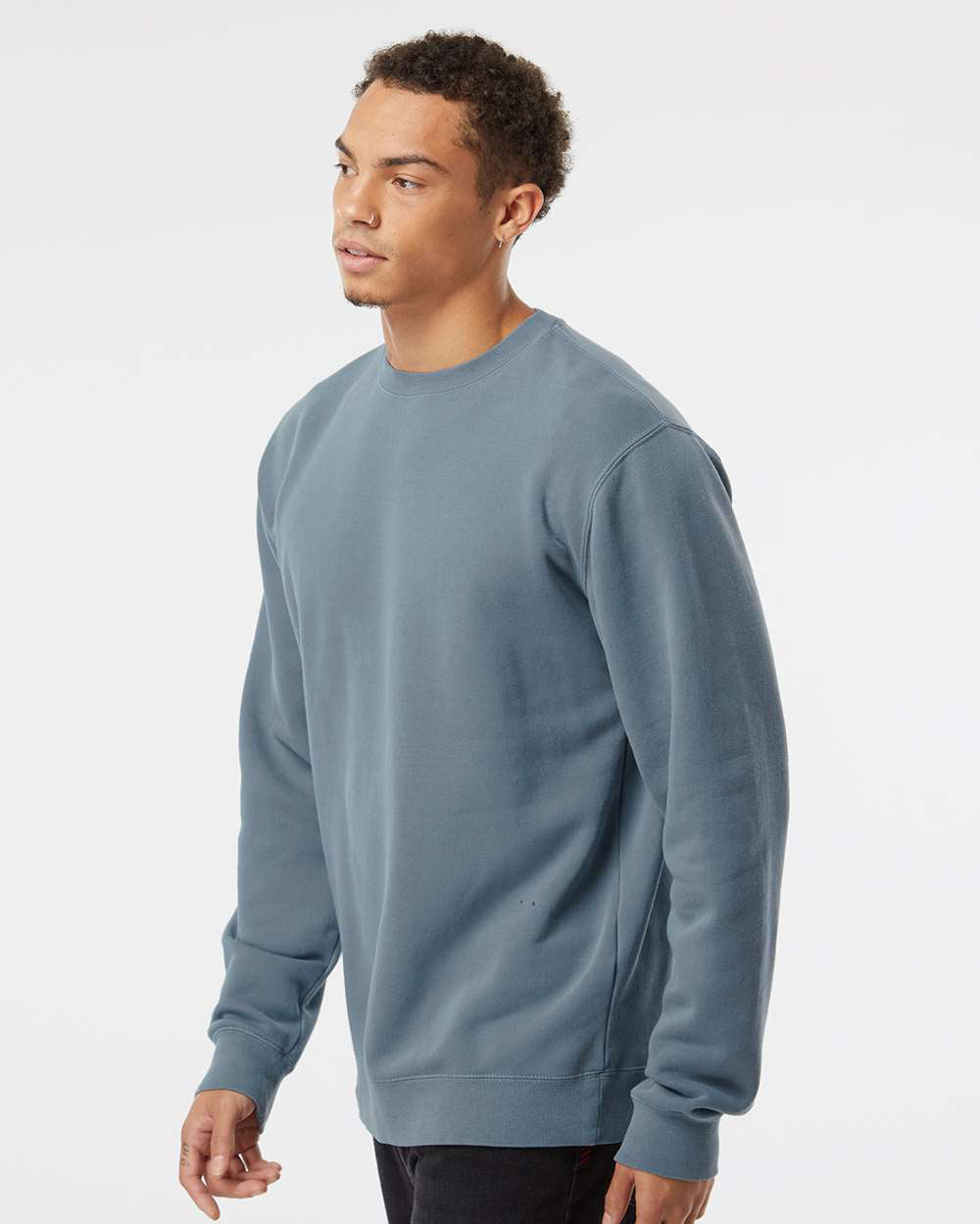 Independent Trading Company 9oz. Unisex Midweight Pigment Dye Crew in Slate Blue — side view