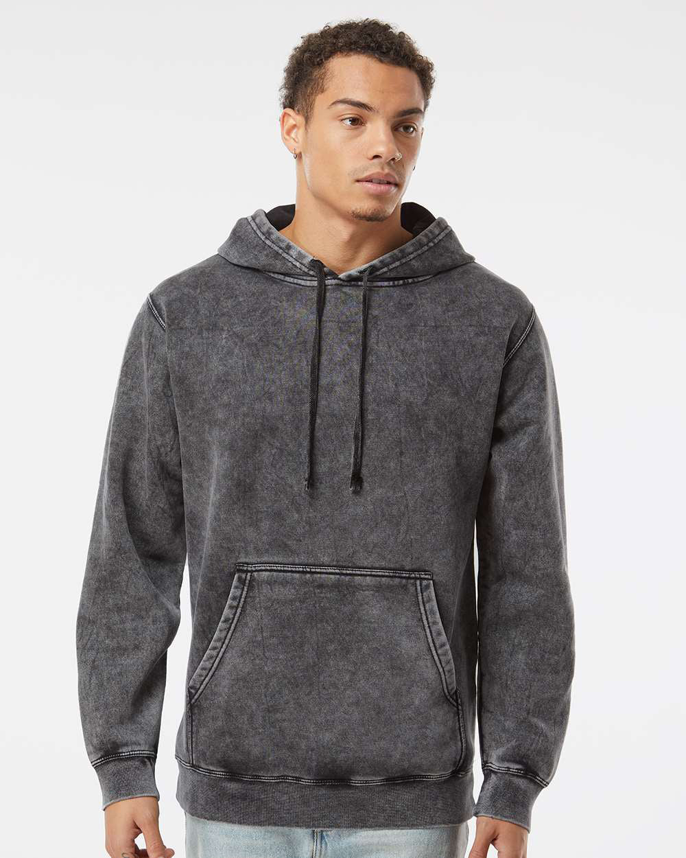Independent Trading Company 9oz. Unisex Midweight Mineral Wash Pullover Hood in Black — front view