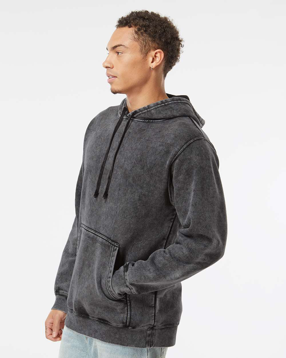 Independent Trading Company 9oz. Unisex Midweight Mineral Wash Pullover Hood in Black — side view
