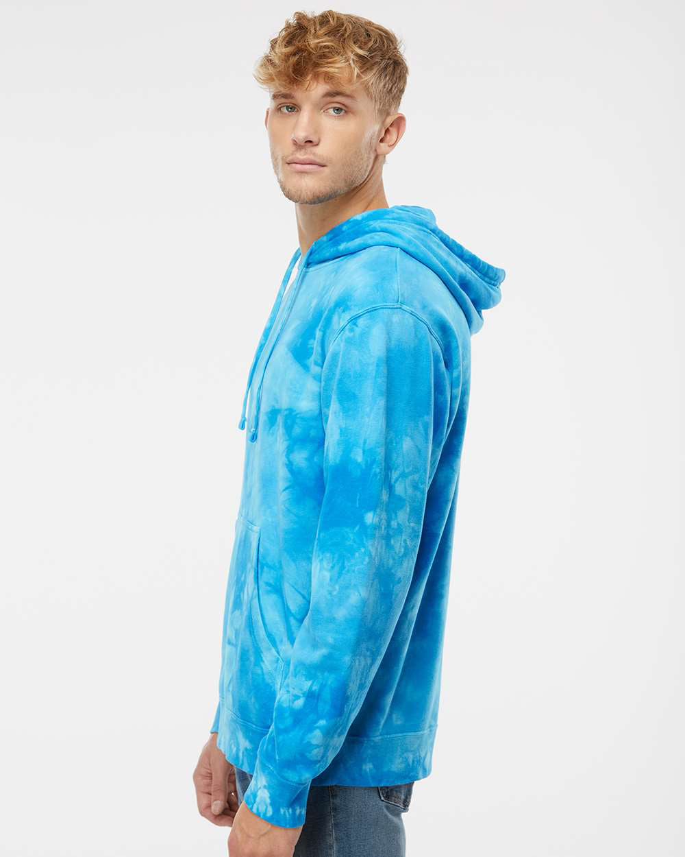 Independent Trading Company 9oz. Unisex Midweight Tie Dye Pullover Hood in Aqua Blue — side view