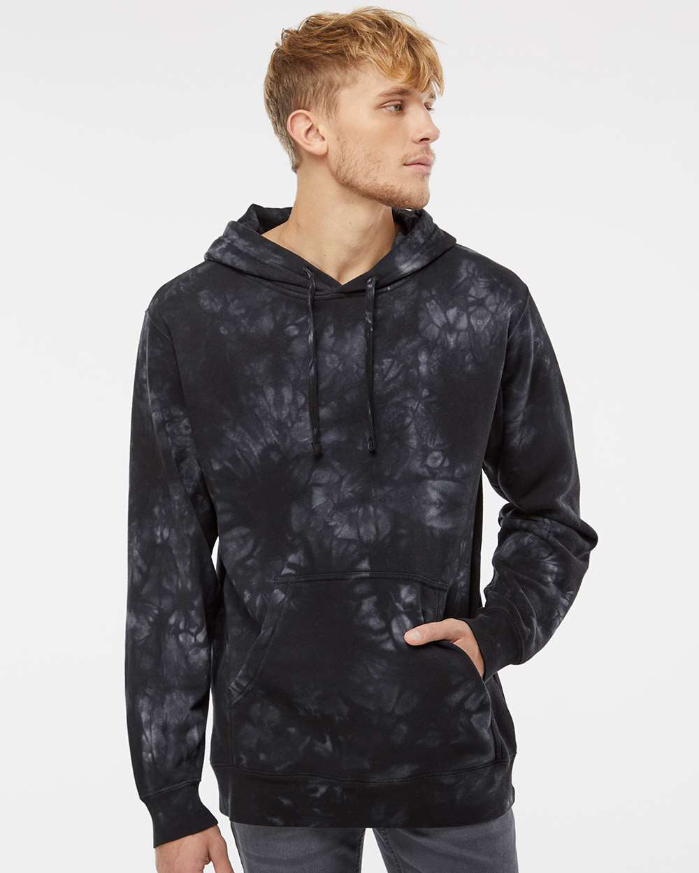 Independent Trading Company 9oz. Unisex Midweight Tie Dye Pullover Hood in Black — front view (2)