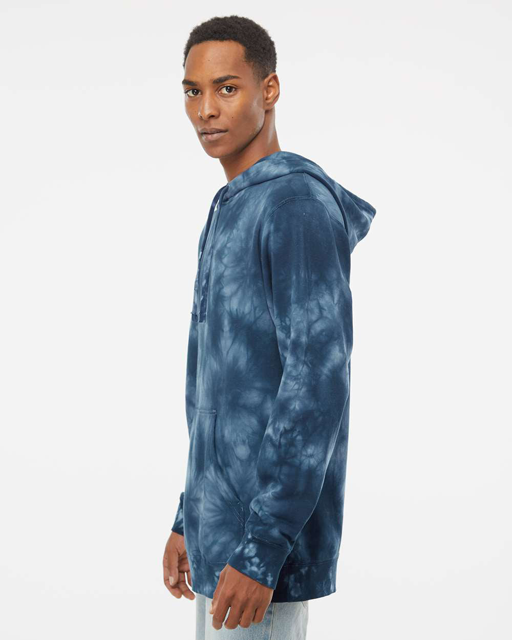 Independent Trading Company 9oz. Unisex Midweight Tie Dye Pullover Hood in Navy — side view (2)