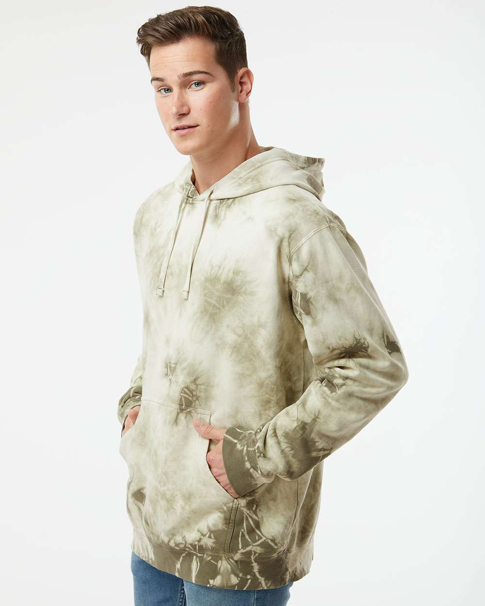 Independent Trading Company 9oz. Unisex Midweight Tie Dye Pullover Hood in Olive — side view (2)