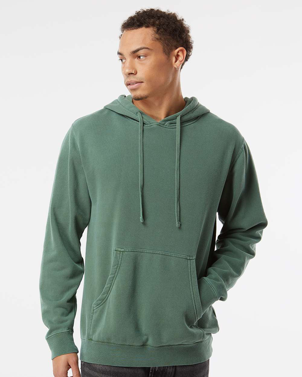 Independent Trading Company 9oz. Unisex Midweight Pigment Dye Pullover Hood in Green — front view (2)