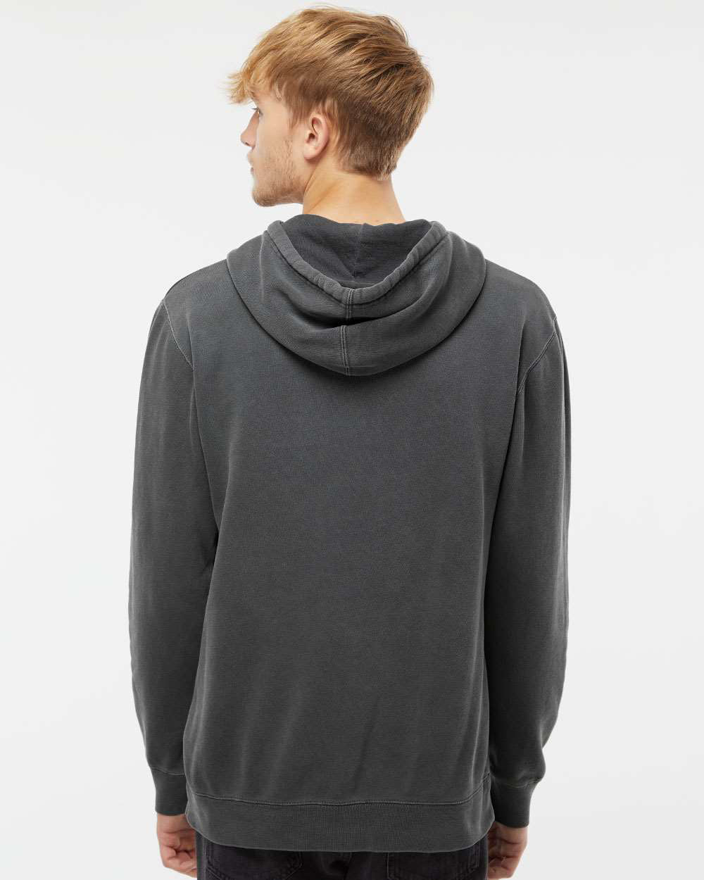 Independent Trading Company 9oz. Unisex Midweight Pigment Dye Pullover Hood in Black — back view (2)