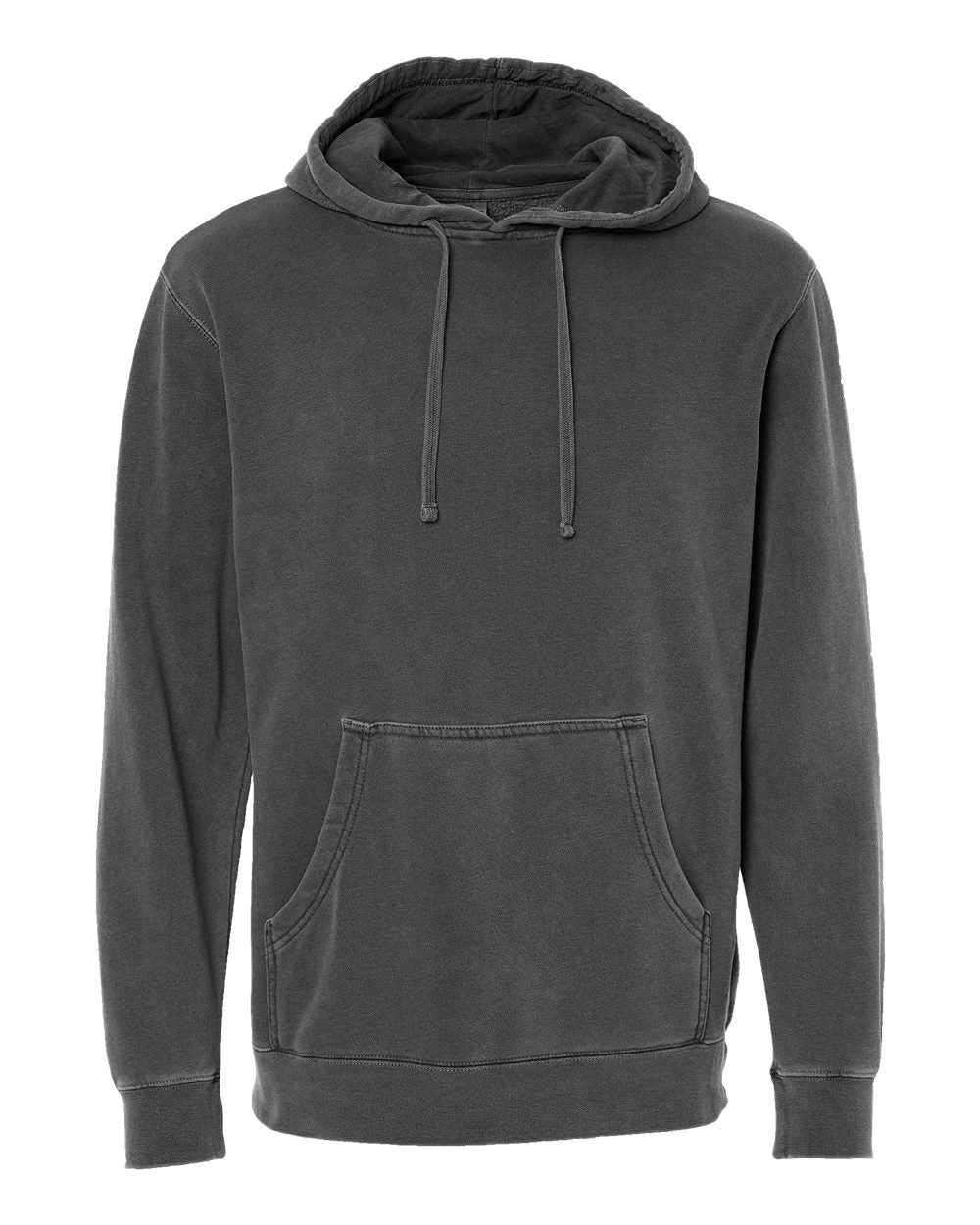 Independent Trading Company 9oz. Unisex Midweight Pigment Dye Pullover Hood in Black — front view