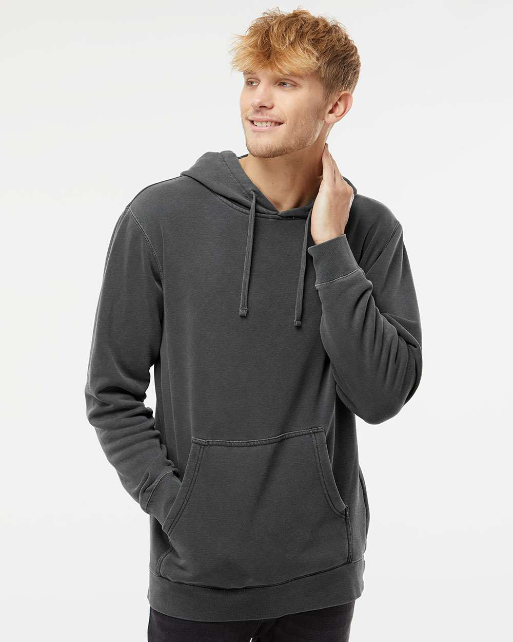 Independent Trading Company 9oz. Unisex Midweight Pigment Dye Pullover Hood in Black — front view (2)