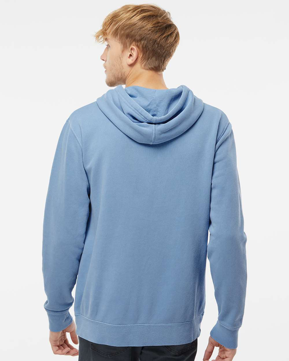 Independent Trading Company 9oz. Unisex Midweight Pigment Dye Pullover Hood in Blue — back view (2)
