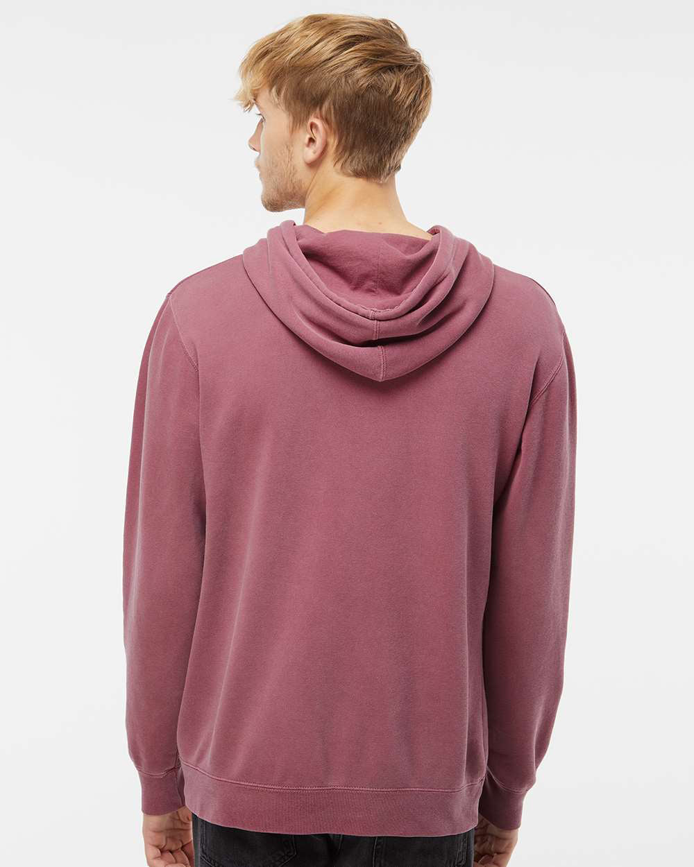 Independent Trading Company 9oz. Unisex Midweight Pigment Dye Pullover Hood in Maroon — back view