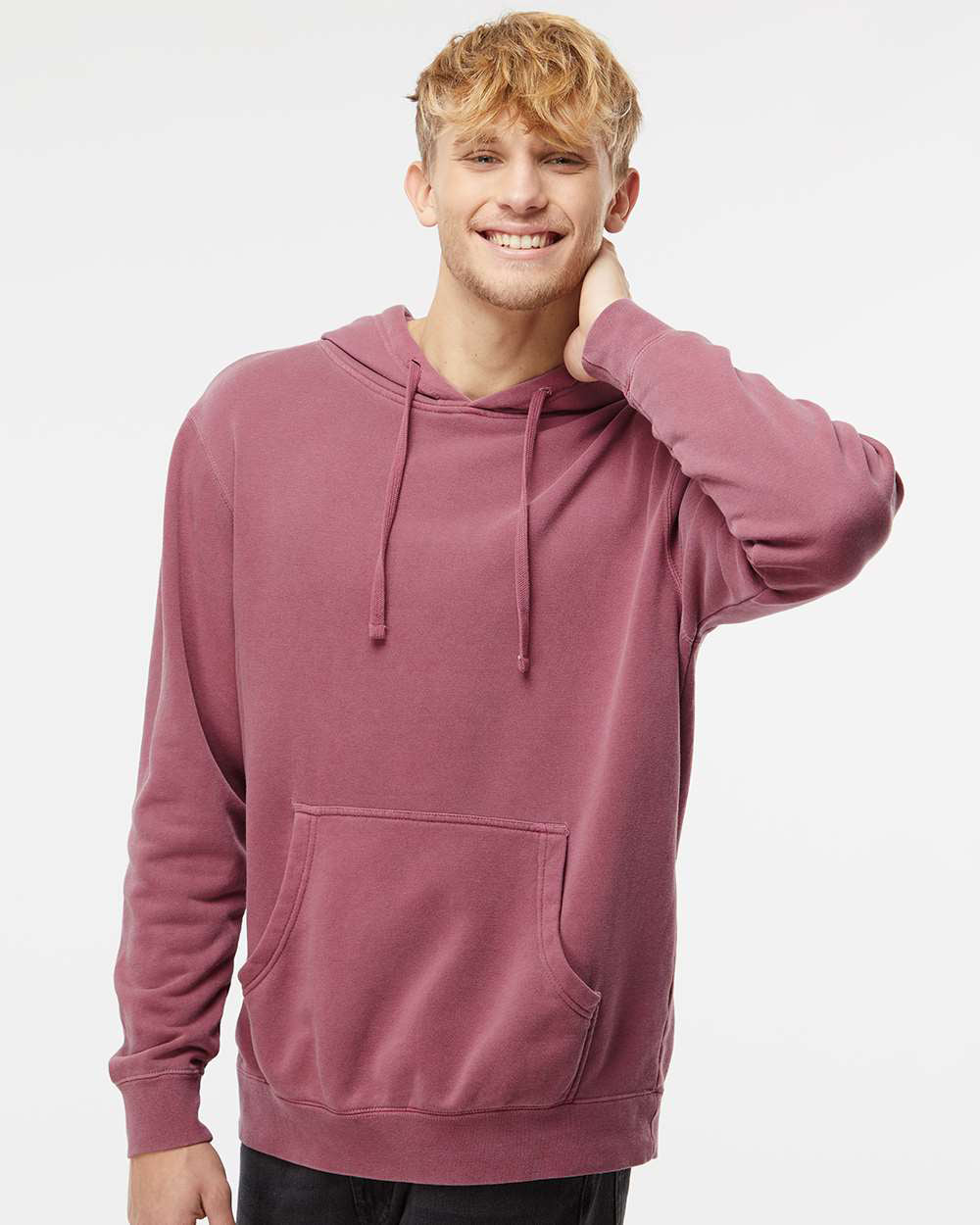 Independent Trading Company 9oz. Unisex Midweight Pigment Dye Pullover Hood in Maroon — front view (2)