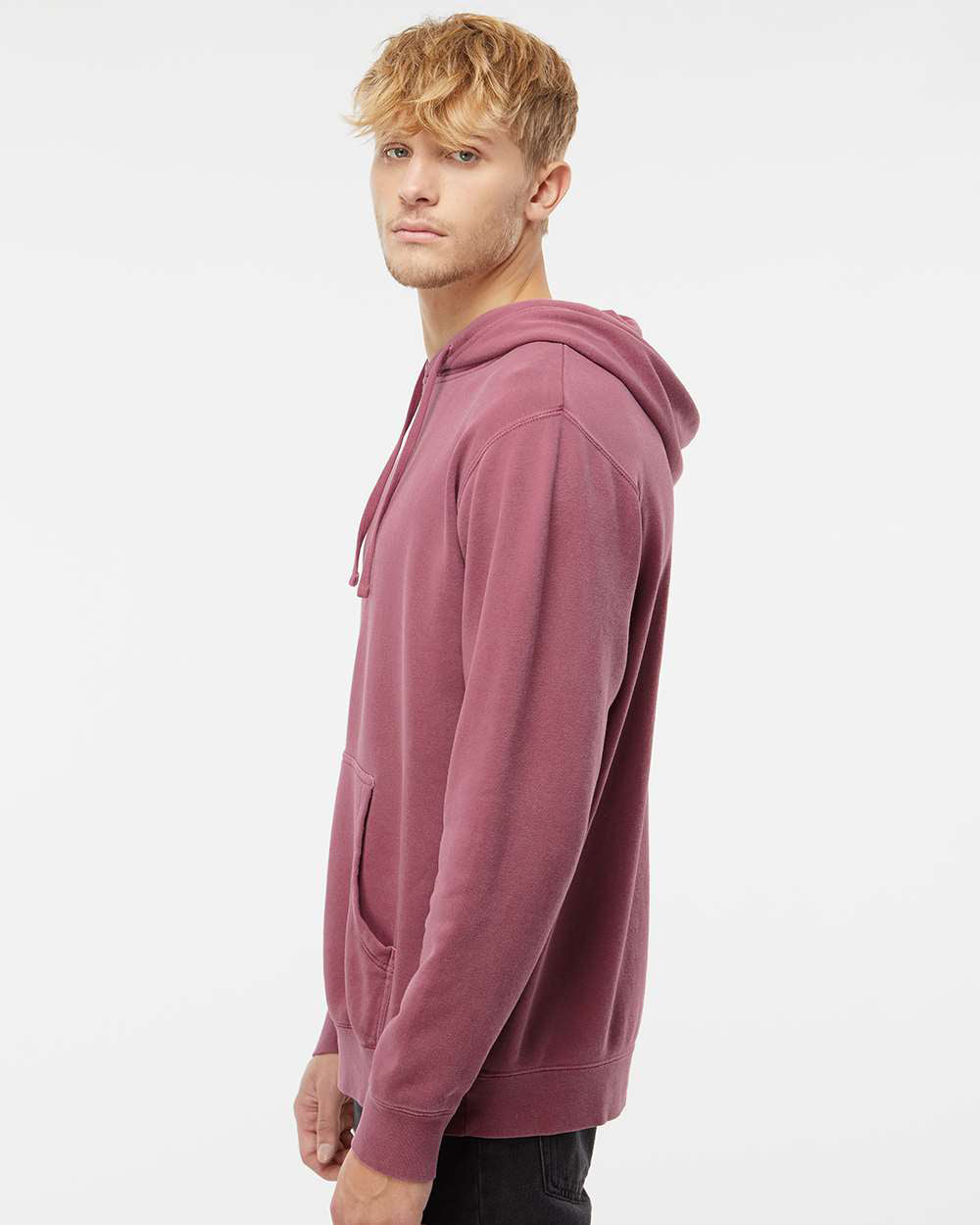 Independent Trading Company 9oz. Unisex Midweight Pigment Dye Pullover Hood in Maroon — side view