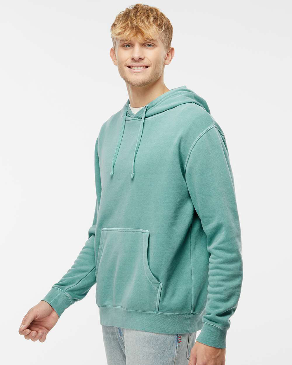 Independent Trading Company 9oz. Unisex Midweight Pigment Dye Pullover Hood in Mint — side view (2)