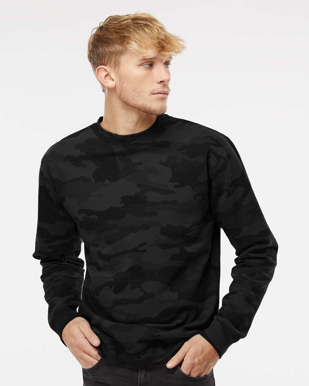 Independent Trading Company 8.5oz. Midweight Crew in Black Camo, crewneck — front view (2)