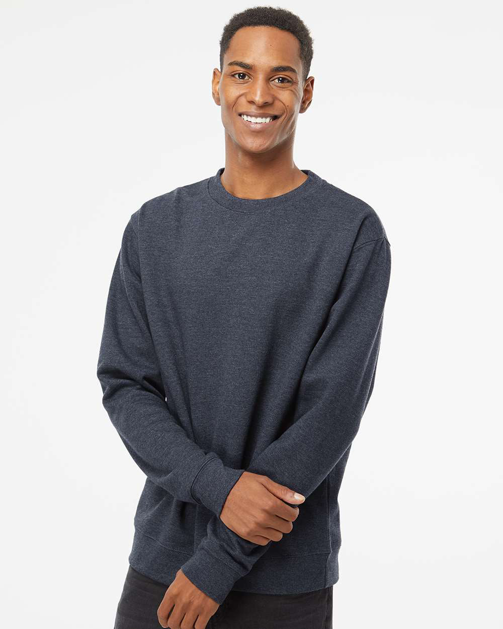 Independent Trading Company 8.5oz. Midweight Crew in Navy Heather, crewneck — front view (2)