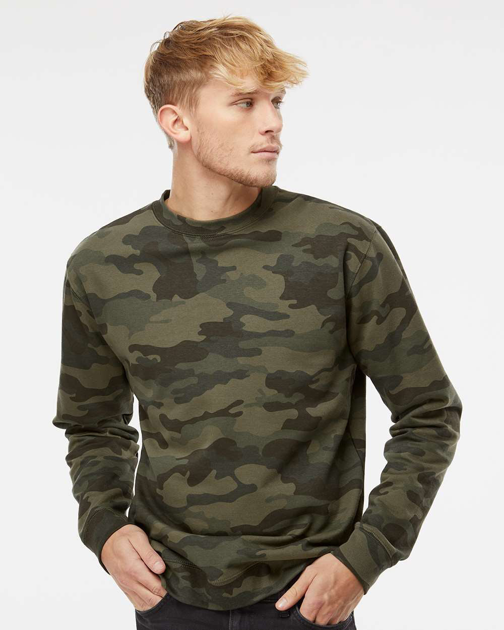Independent Trading Company 8.5oz. Midweight Crew in Forest Camo, crewneck — front view (2)