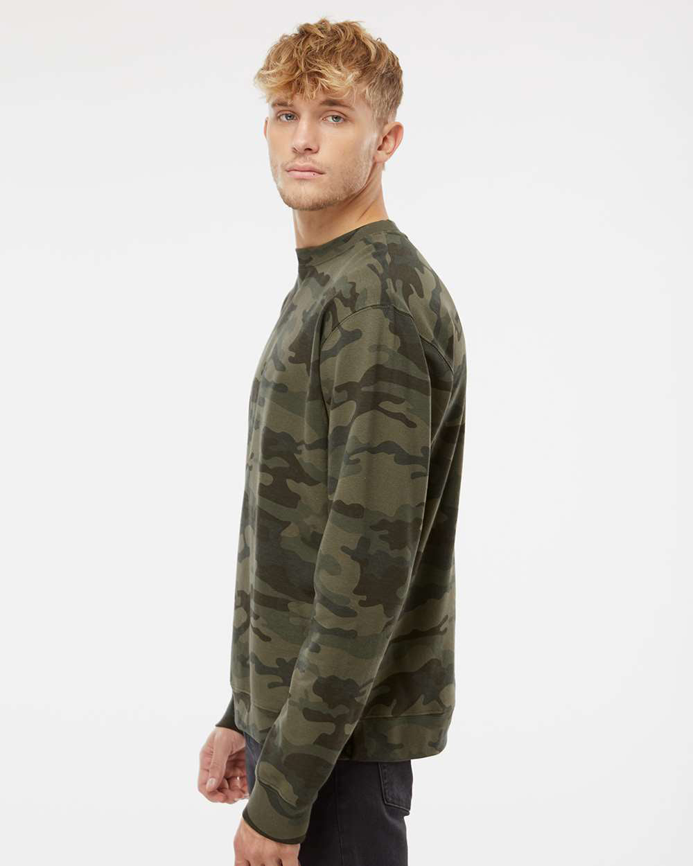 Independent Trading Company 8.5oz. Midweight Crew in Forest Camo, crewneck — side view