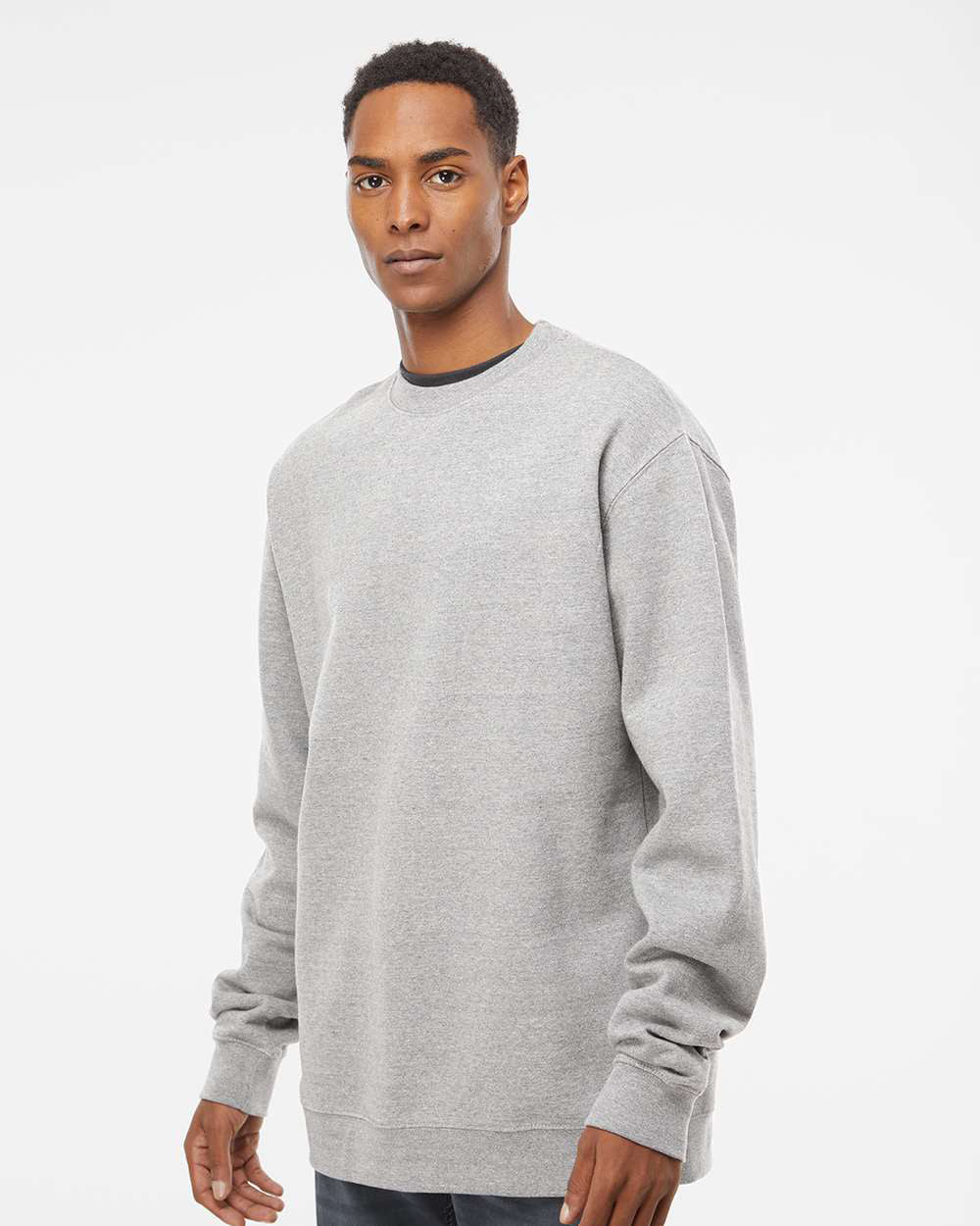 Independent Trading Company 8.5oz. Midweight Crew in Grey Heather, crewneck — side view (2)