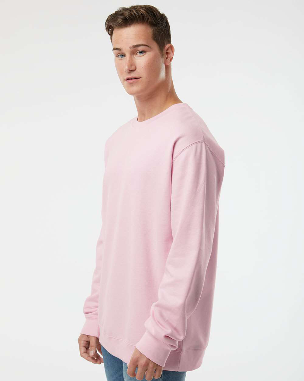 Independent Trading Company 8.5oz. Midweight Crew in Pink, crewneck — side view (2)