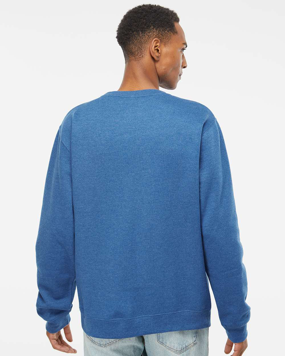 Independent Trading Company 8.5oz. Midweight Crew in Royal Heather, crewneck — back view