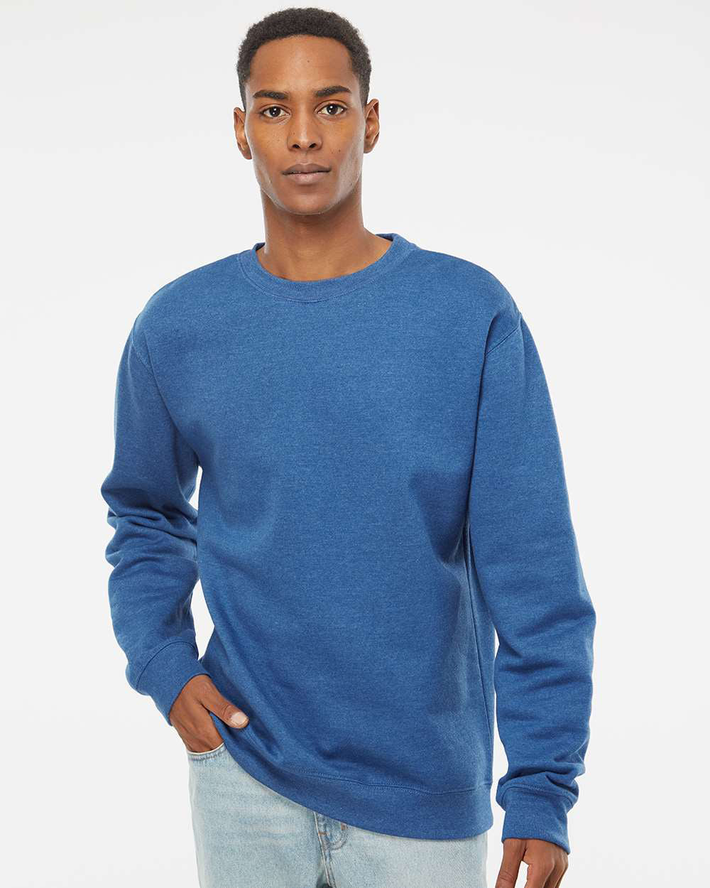 Independent Trading Company 8.5oz. Midweight Crew in Royal Heather, crewneck — front view