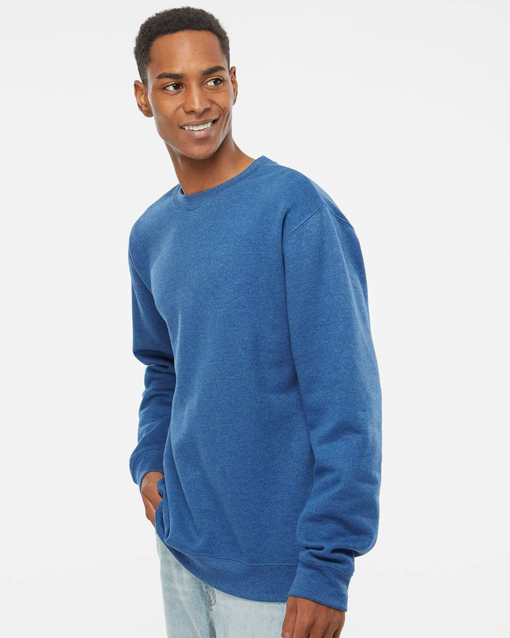 Independent Trading Company 8.5oz. Midweight Crew in Royal Heather, crewneck — side view