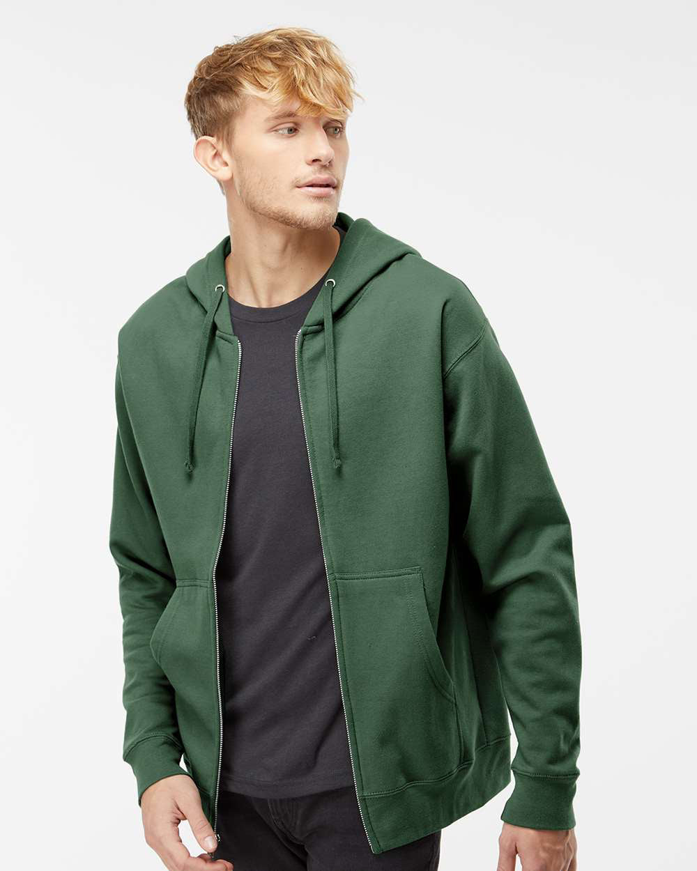 Independent Trading Company 8.5oz. Midweight Zip Hood in Green — front view (2)