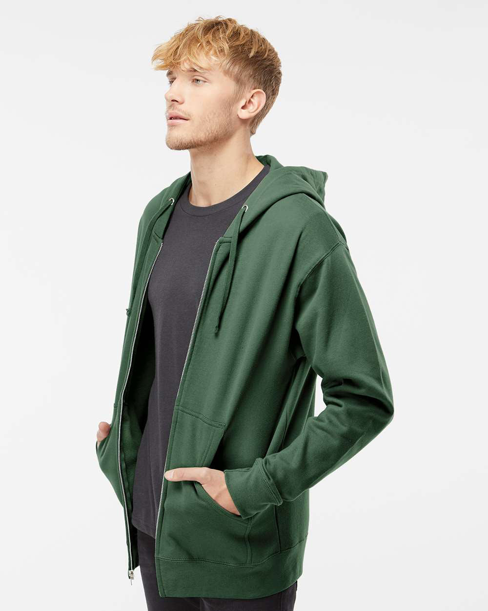 Independent Trading Company 8.5oz. Midweight Zip Hood in Green — side view