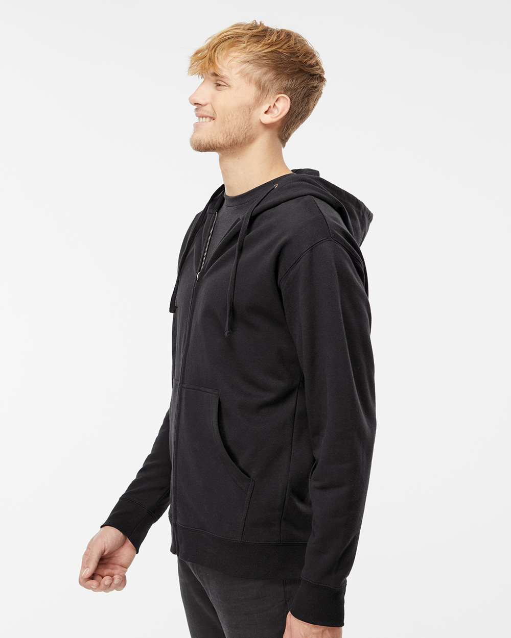 Independent Trading Company 8.5oz. Midweight Zip Hood in Black — side view (2)