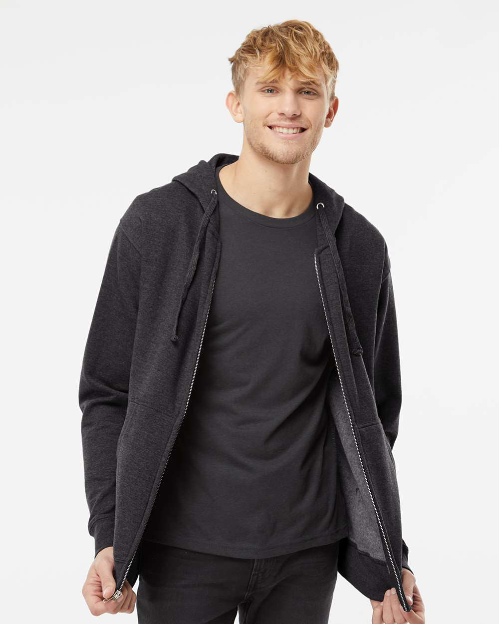 Independent Trading Company 8.5oz. Midweight Zip Hood in Charcoal Heather — front view (2)