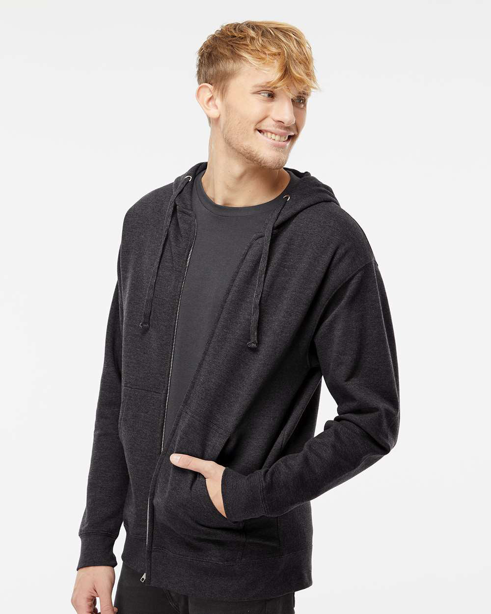 Independent Trading Company 8.5oz. Midweight Zip Hood in Charcoal Heather — side view (2)