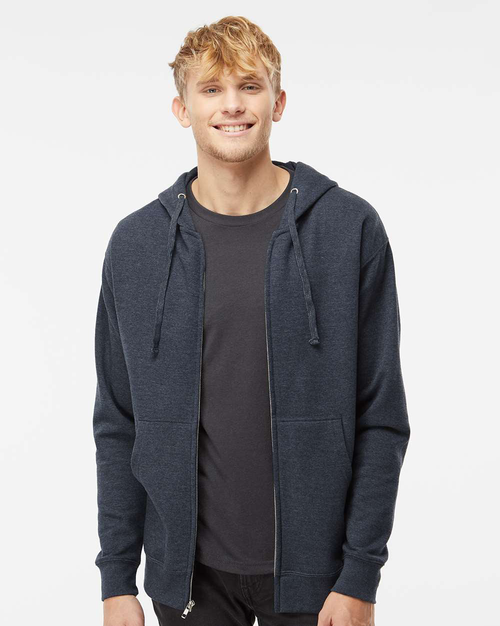 Independent Trading Company 8.5oz. Midweight Zip Hood in Navy Heather — front view (2)