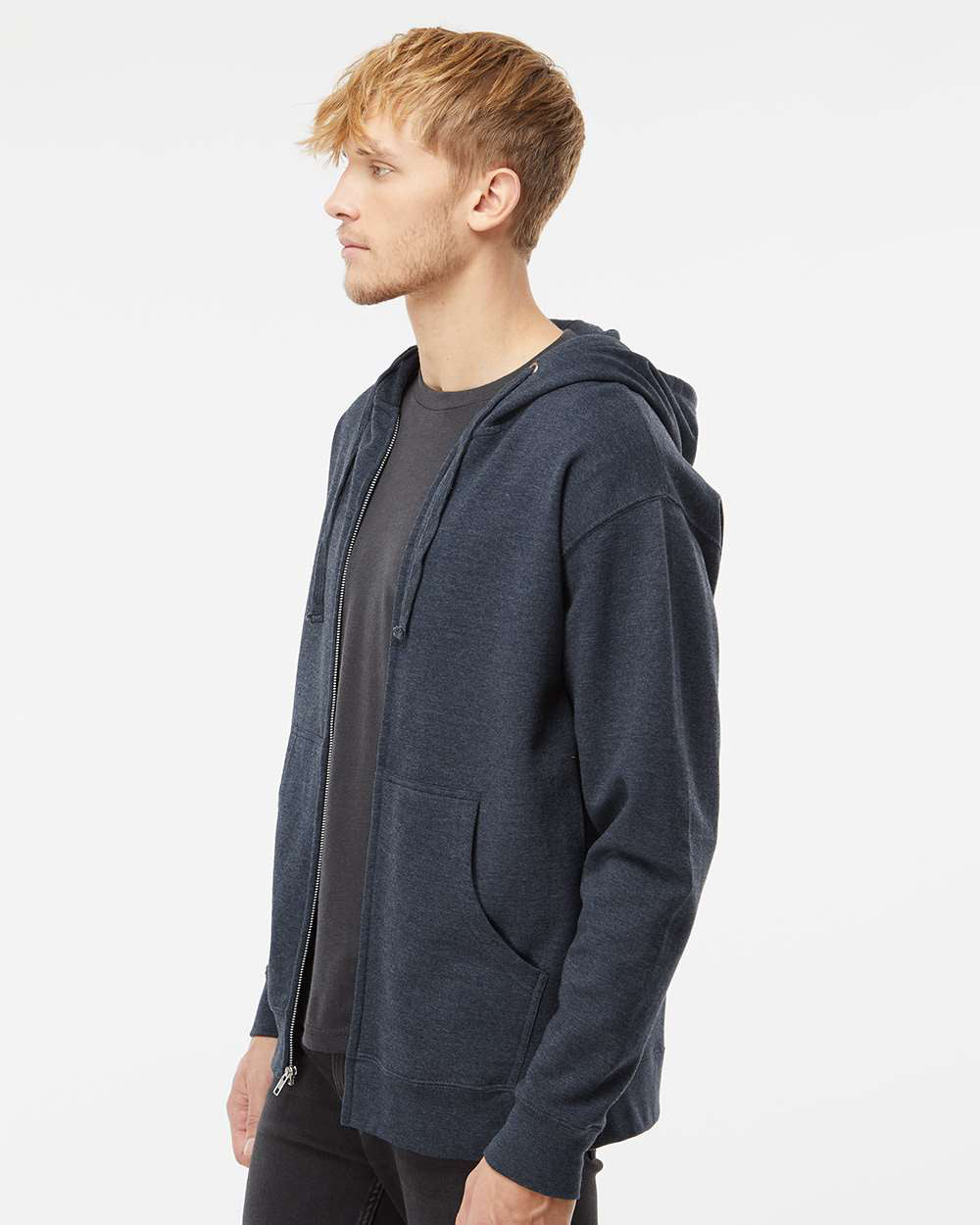 Independent Trading Company 8.5oz. Midweight Zip Hood in Navy Heather — side view (2)