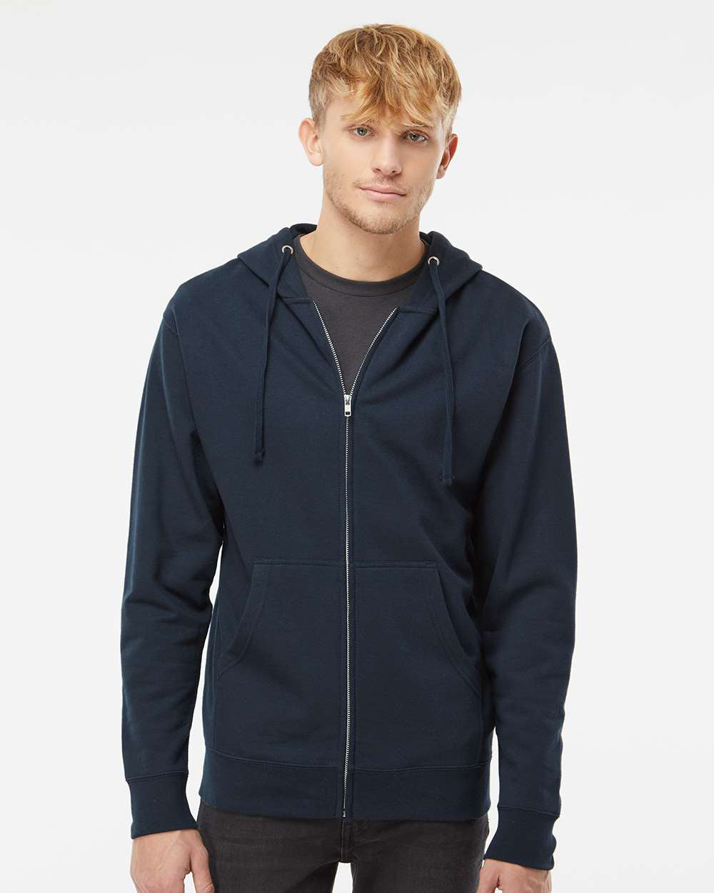 Independent Trading Company 8.5oz. Midweight Zip Hood in Navy — front view (2)