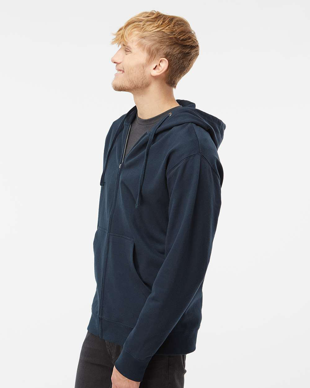 Independent Trading Company 8.5oz. Midweight Zip Hood in Navy — side view (2)