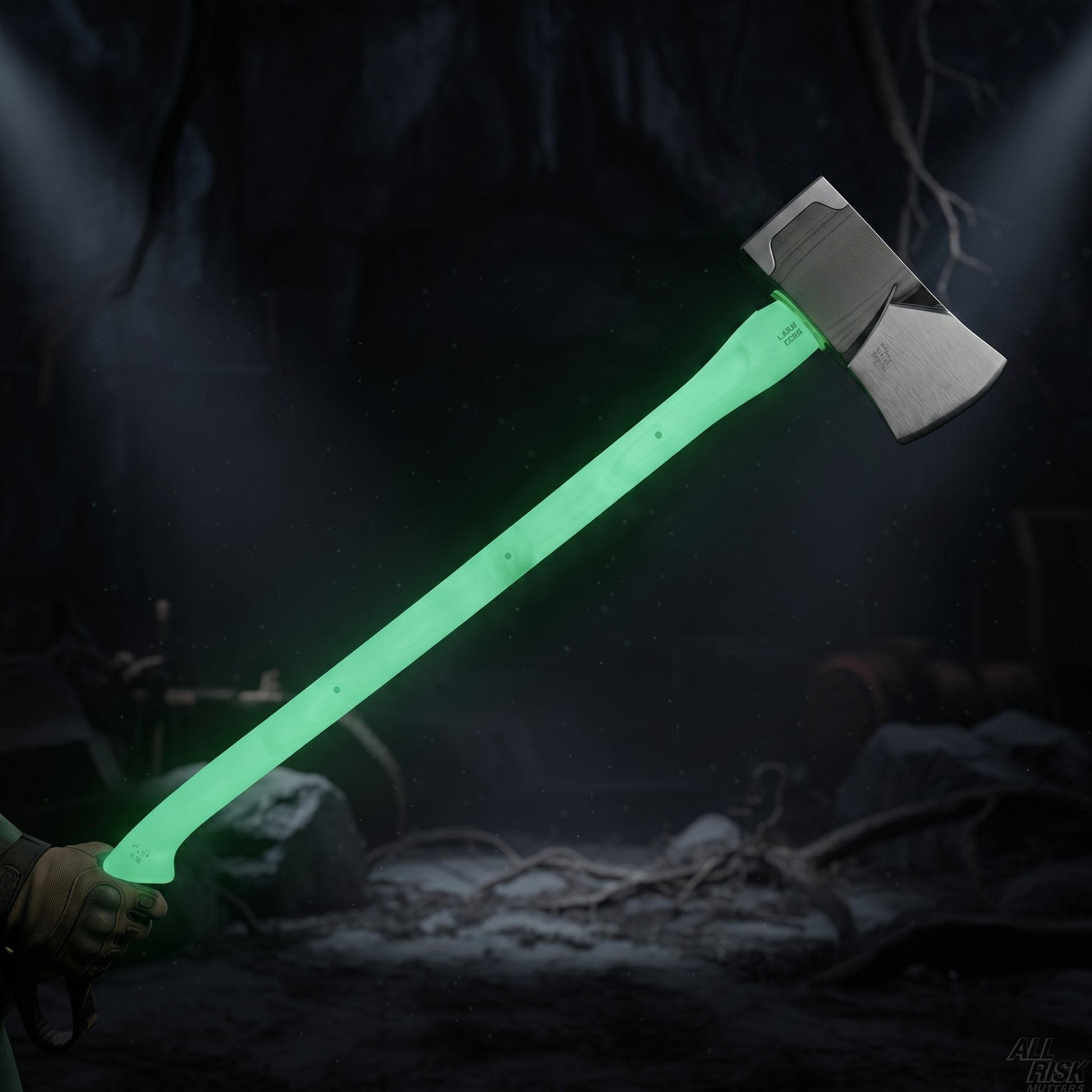 Luminous Lock Slot axe glowing handle in dark environment - glow-in-dark feature demonstration for low-visibility operations