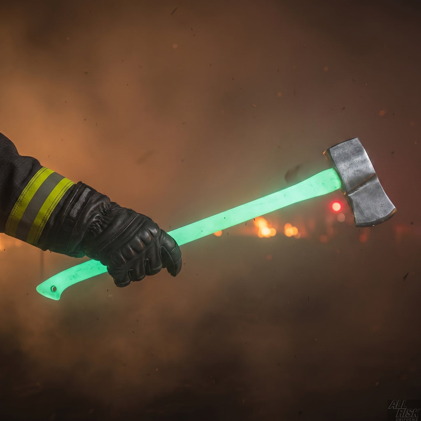 Firefighter locating Luminous Lock Slot axe in dark smoky environment - glowing handle visible in low-visibility conditions during emergency response