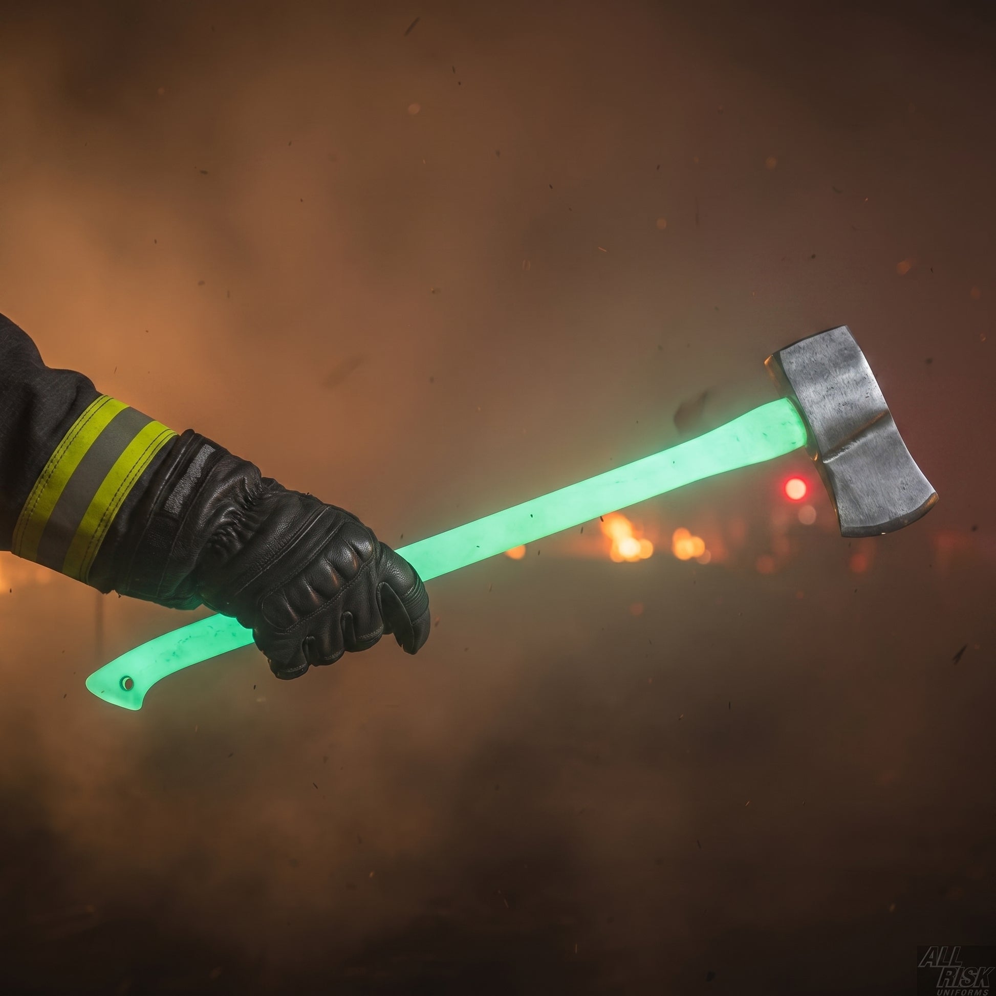 Firefighter locating Luminous Lock Slot axe in dark smoky environment - glowing handle visible in low-visibility conditions during emergency response